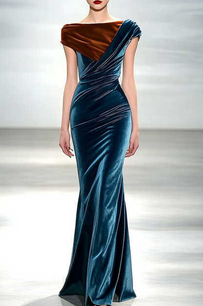 Formal Party Work Velvet Boat Neck Ruffle Colorblocking Maxi Dress