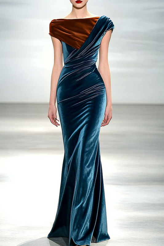 Formal Party Work Velvet Boat Neck Ruffle Colorblocking Maxi Dress