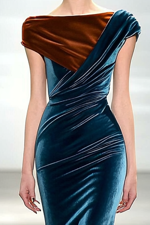 Formal Party Work Velvet Boat Neck Ruffle Colorblocking Maxi Dress