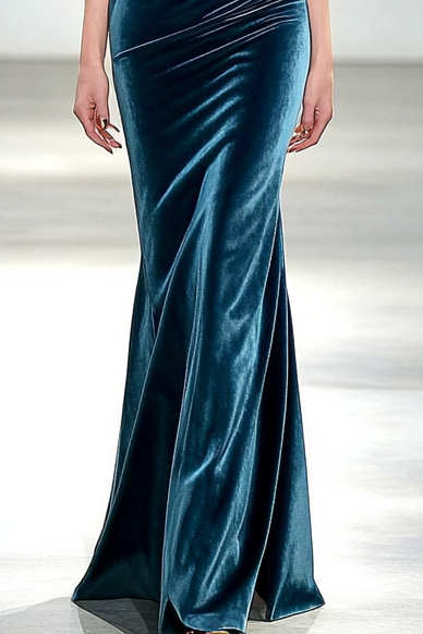 Formal Party Work Velvet Boat Neck Ruffle Colorblocking Maxi Dress
