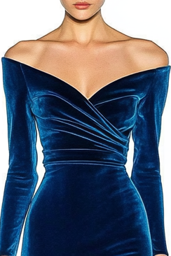 Daily Party Work Velvet V Neck Off Shoulder Ruffle Maxi Dress
