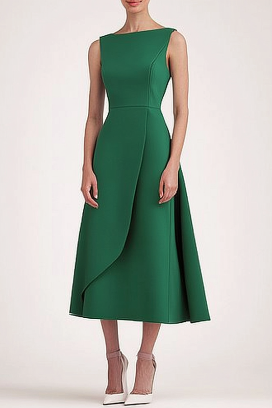 Daily Work Party Green Boat Neck Irregular Midi Dress