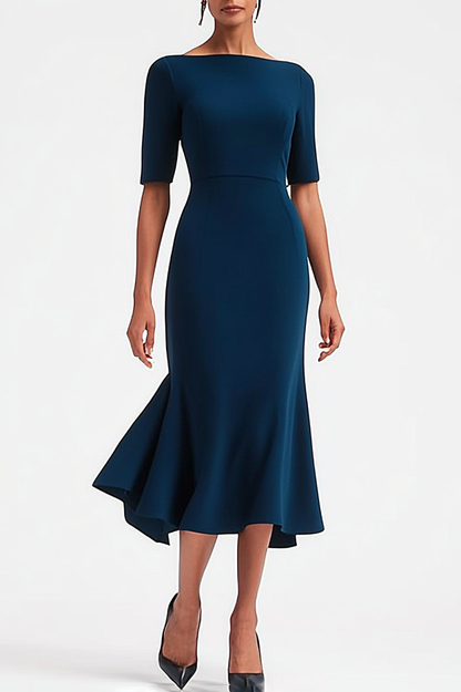 Dark Blue Work Party Mermaid Boat Neck Midi Dress