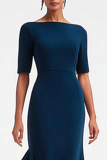 Dark Blue Work Party Mermaid Boat Neck Midi Dress