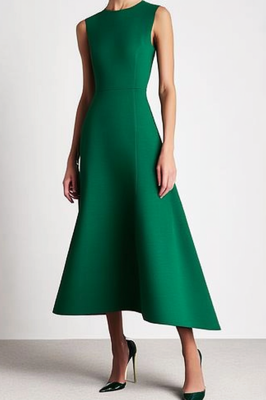 Formal Work Party Green Crew Neck Sleeveless A-Line Midi Dress