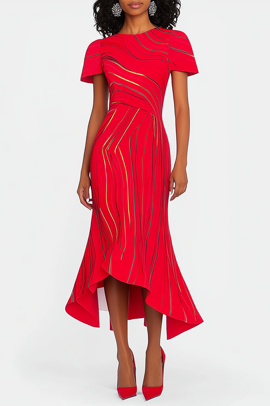 Formal Party Work Red Crew Neck Gold Silver Line Mermaid Midi Dress