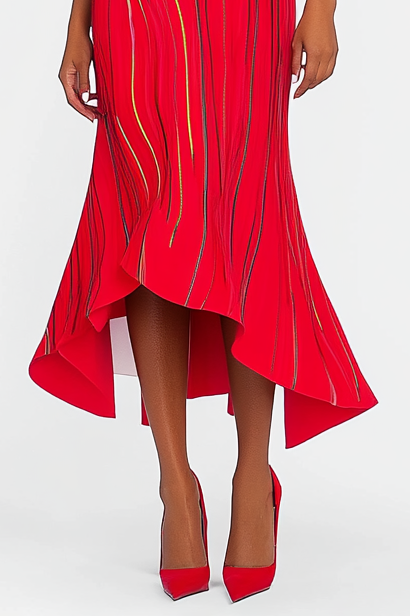 Formal Party Work Red Crew Neck Gold Silver Line Mermaid Midi Dress
