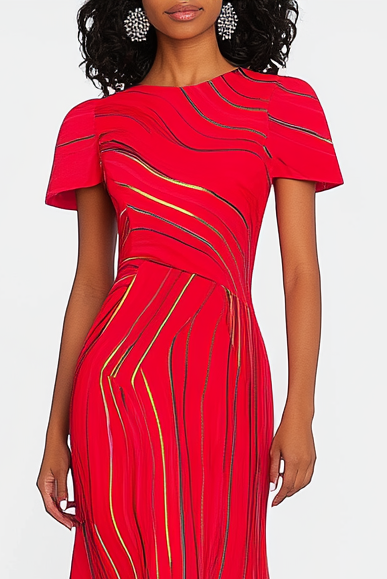 Formal Party Work Red Crew Neck Gold Silver Line Mermaid Midi Dress