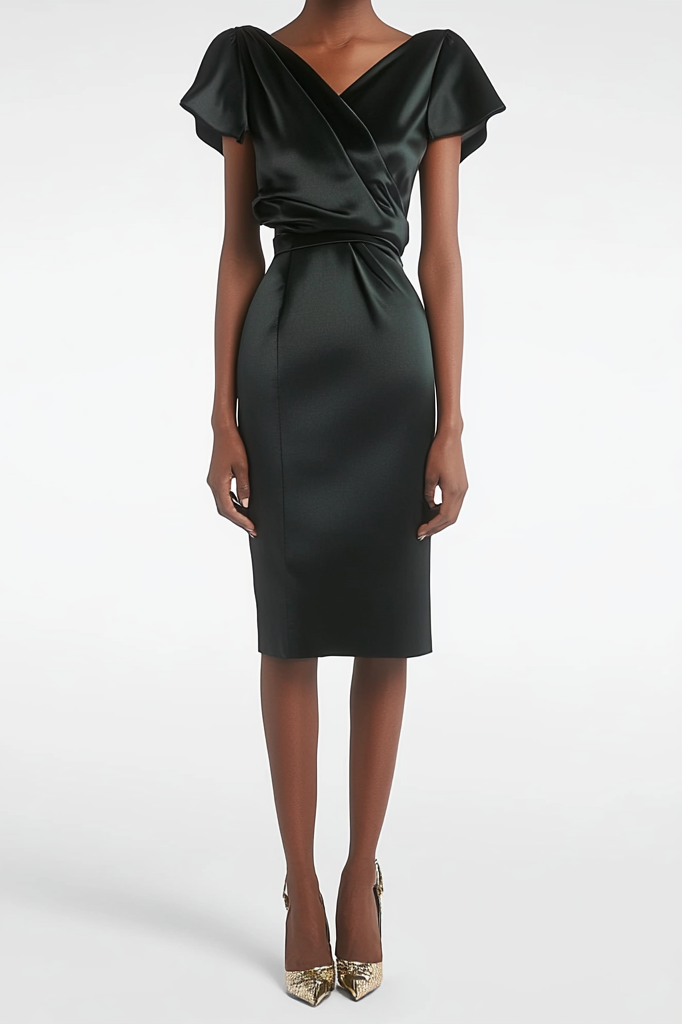 Formal Party Work Black Satin V Neck Ruffle Midi Dress