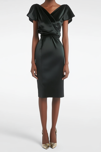 Formal Party Work Black Satin V Neck Ruffle Midi Dress