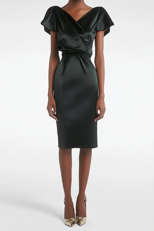 Formal Party Work Black Satin V Neck Ruffle Midi Dress