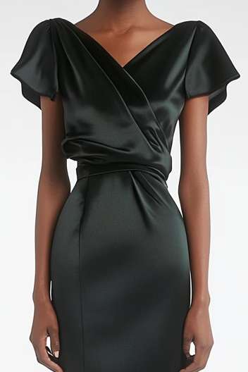 Formal Party Work Black Satin V Neck Ruffle Midi Dress