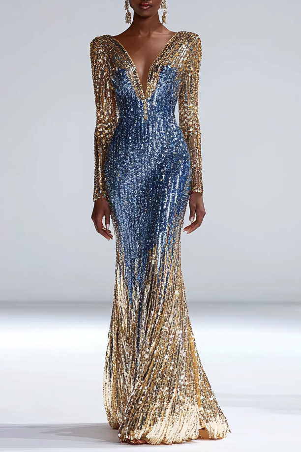 Formal Party Work Wedding V Neck Gradient Blue Gold Sequin Maxi Dress