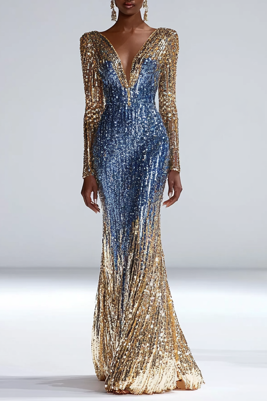 Formal Party Work Wedding V Neck Gradient Blue Gold Sequin Maxi Dress
