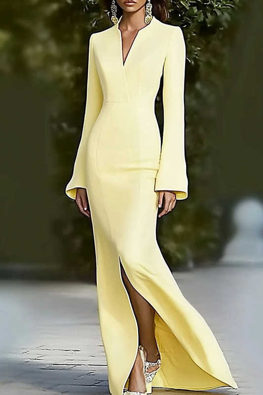 Formal Yellow V Neck Split Long Sleeve Maxi Dress Mother of the Bride Dress