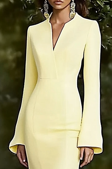 Formal Yellow V Neck Split Long Sleeve Maxi Dress Mother of the Bride Dress