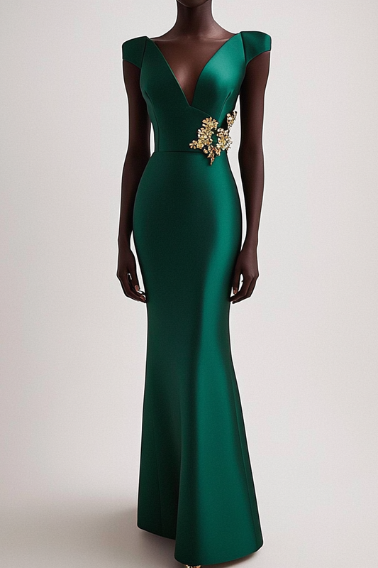 Formal Party Deep V Emerald Green Satin Gold Floral Decoration Maxi Dress Mother of the Bride Dress