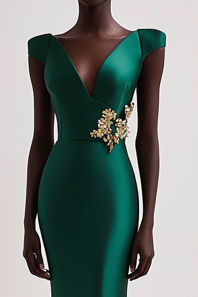 Formal Party Deep V Emerald Green Satin Gold Floral Decoration Maxi Dress Mother of the Bride Dress
