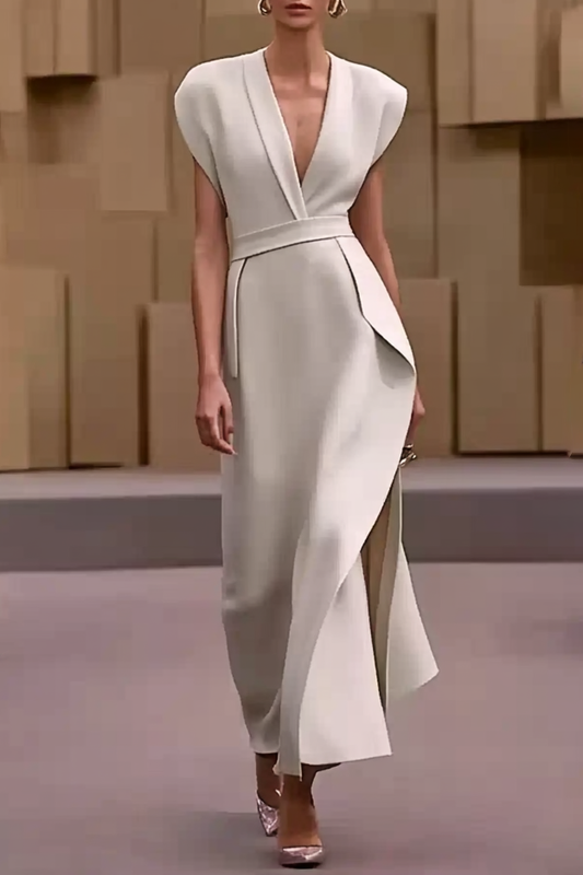 Formal Party Work V Neck Elegant Minimalist White Evening Gown Maxi Dress