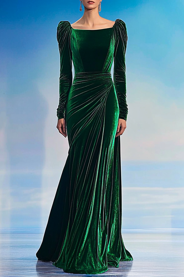 Formal Party Work Elegant Velvet Wrinkles Shoulder Pad Design Maxi Dress Mother of the Bride Dress