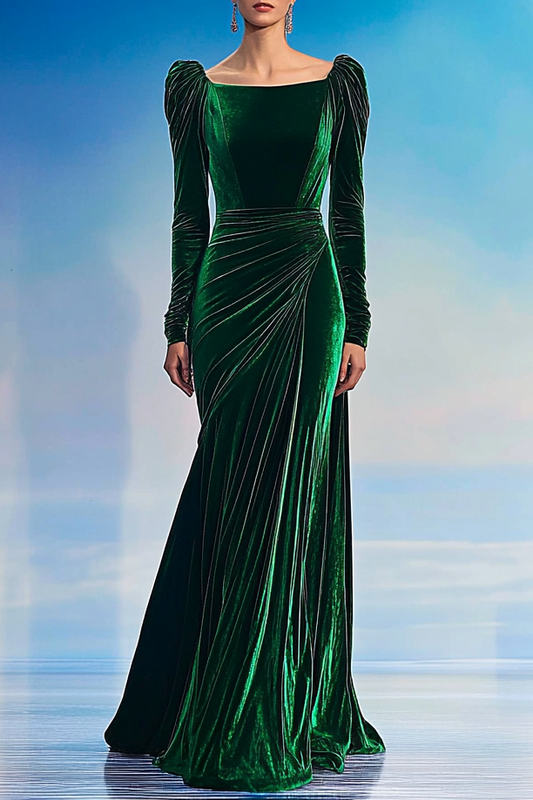 Formal Party Work Elegant Velvet Wrinkles Shoulder Pad Design Maxi Dress Mother of the Bride Dress