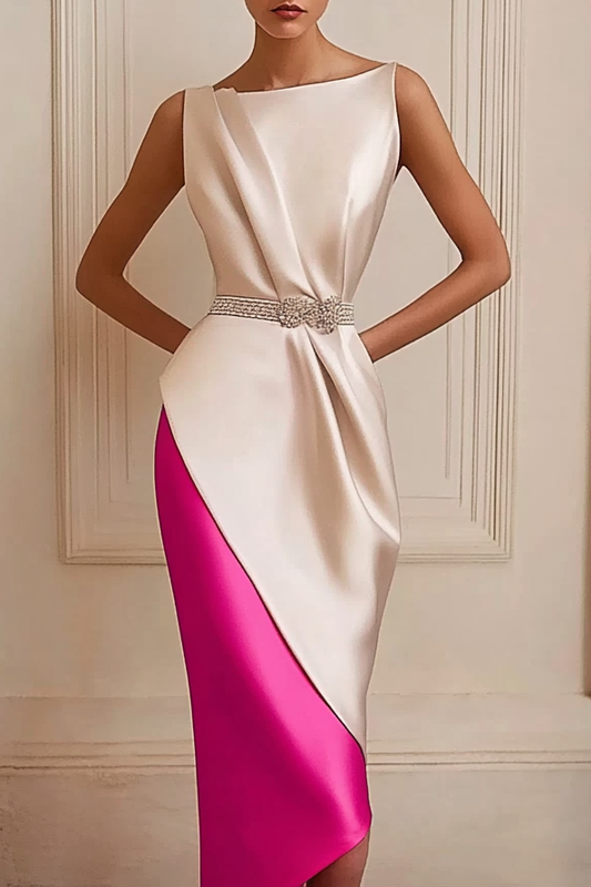 Daily Party Work Pink Side Boat Neck Sleeveless Champagne Satin Belt Midi Dress