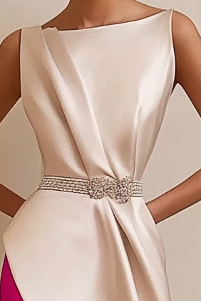 Daily Party Work Pink Side Boat Neck Sleeveless Champagne Satin Belt Midi Dress