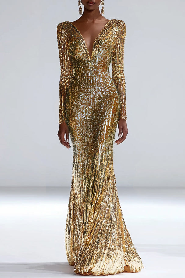 Formal Party Work Wedding V Neck Gradient Blue Gold Sequin Maxi Dress
