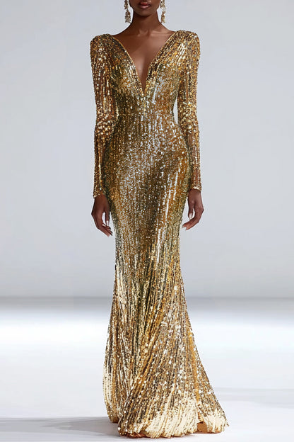 Formal Party Work Wedding V Neck Gradient Blue Gold Sequin Maxi Dress