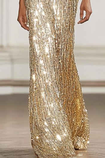 Evening Party Golden Sequins Off Shoulder Maxi Dress