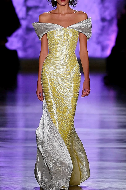 Daily Party Two-Tone Off Shoulder Sequin Gown Yellow Maxi Dress