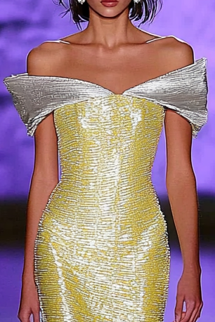 Daily Party Two-Tone Off Shoulder Sequin Gown Yellow Maxi Dress