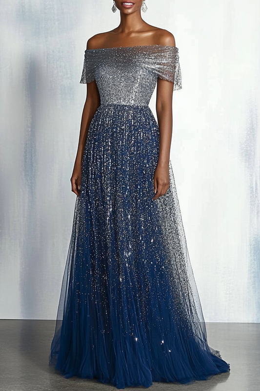 Formal Work Party Gray Blue Sequins Off Shoulder Maxi Dress