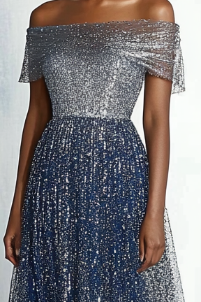 Formal Work Party Gray Blue Sequins Off Shoulder Maxi Dress