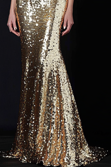 Formal Party Work Sequins Mermaid Boat Neck Golden Maxi Dress