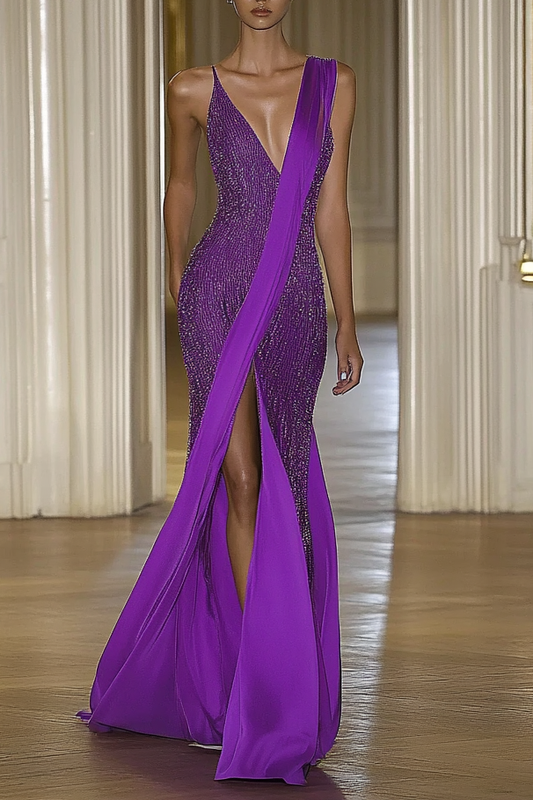 Formal Party Holiday Purple Deep V Sequin Silt Maxi Dress