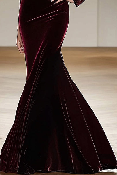 Formal Party Velvet Dark Red Gradient One-Shoulder Mermaid Maxi Dress