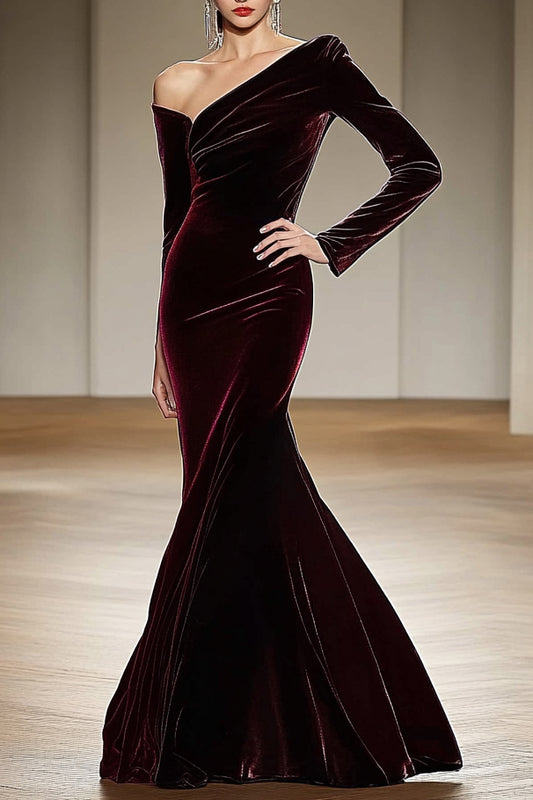 Formal Party Velvet Dark Red Gradient One-Shoulder Mermaid Maxi Dress