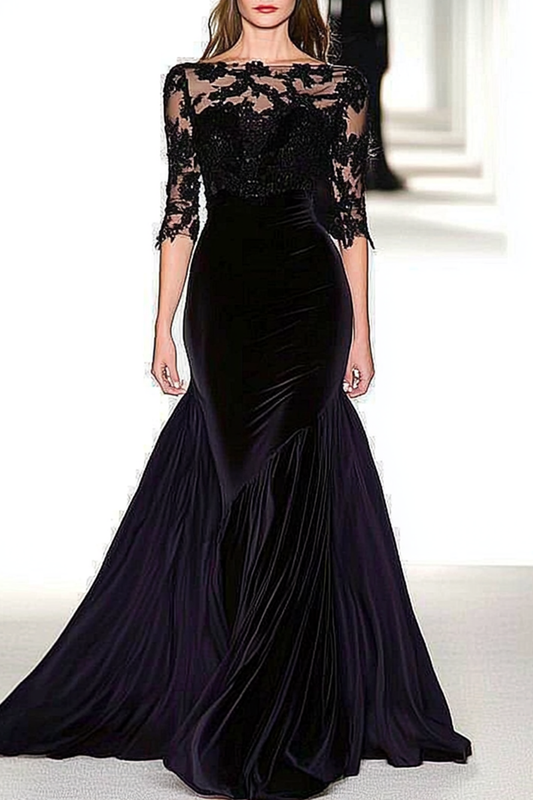 Evening Formal Velvet Lace Dress Black See Through Mermaid Maxi Dress