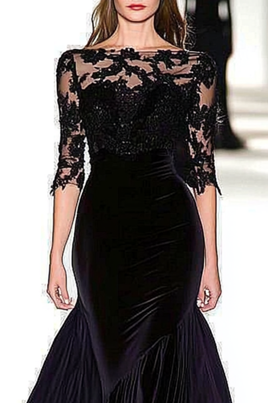 Evening Formal Velvet Lace Dress Black See Through Mermaid Maxi Dress