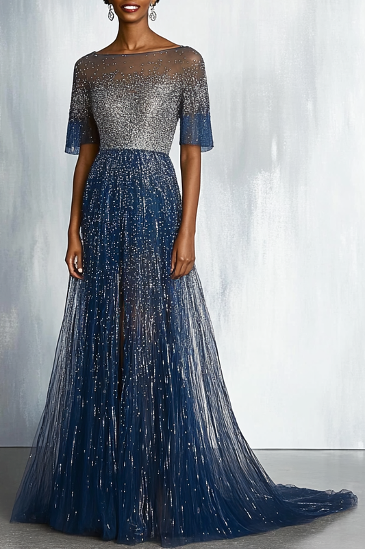 Formal Evening Party Dress Gray Blue Glitter Boat Neck See Through Maxi Dress Mother of the Bride Dress
