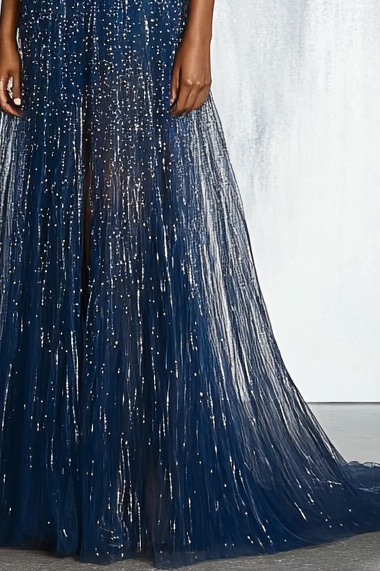 Formal Evening Party Dress Gray Blue Glitter Boat Neck See Through Maxi Dress Mother of the Bride Dress