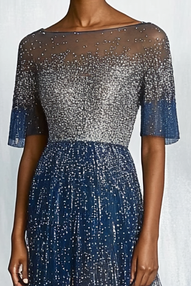 Formal Evening Party Dress Gray Blue Glitter Boat Neck See Through Maxi Dress Mother of the Bride Dress
