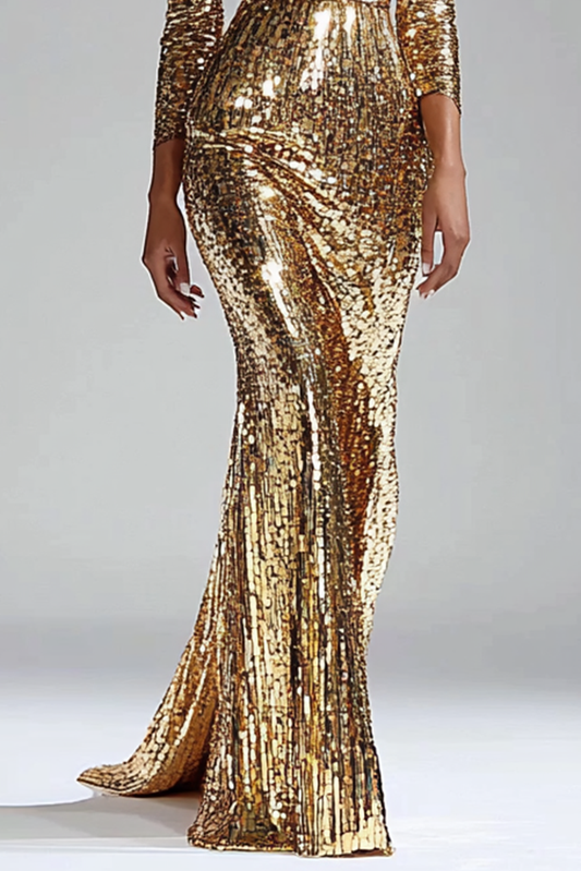 Gold  Dress Sequin Long Sleeve Mermaid Maxi Dress