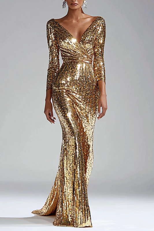 Gold  Dress Sequin Long Sleeve Mermaid Maxi Dress
