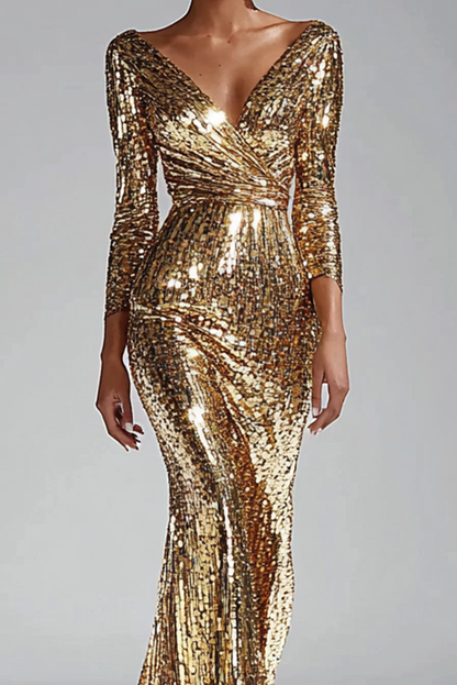 Gold  Dress Sequin Long Sleeve Mermaid Maxi Dress