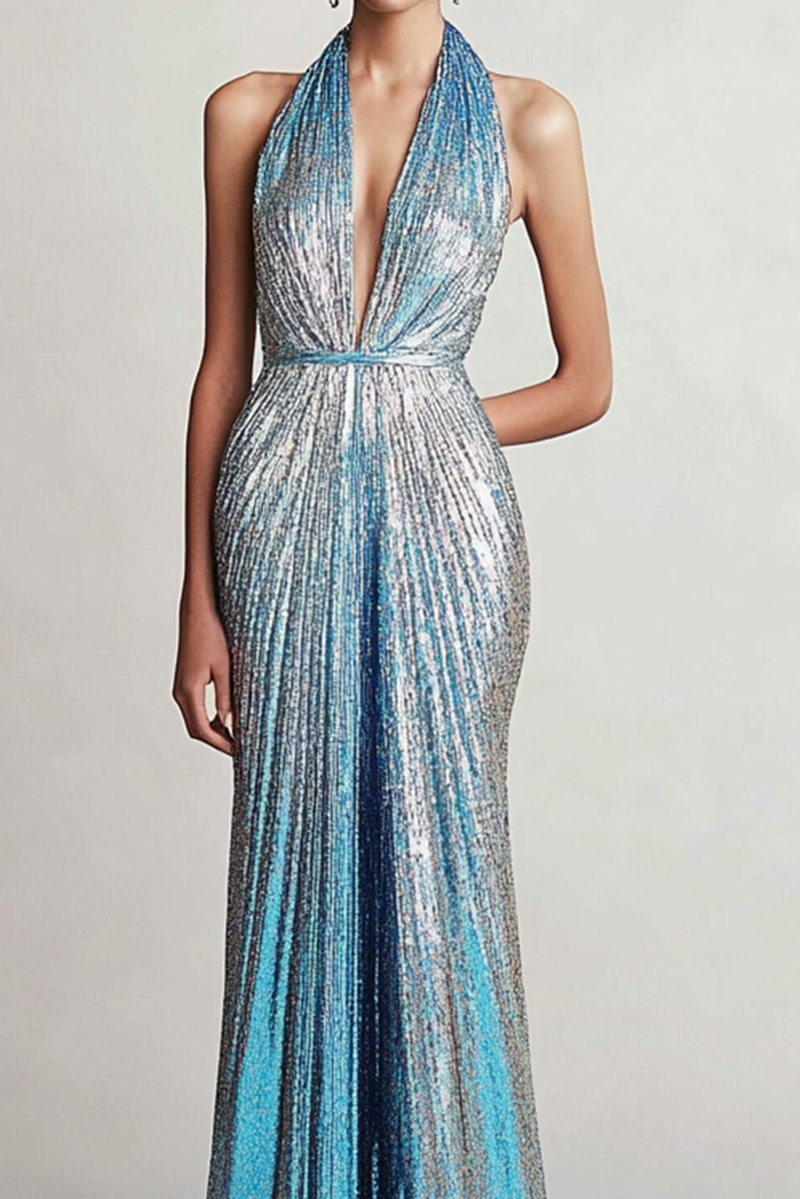 Evening Formal Dress Blue Sequin Halter Maxi Dress