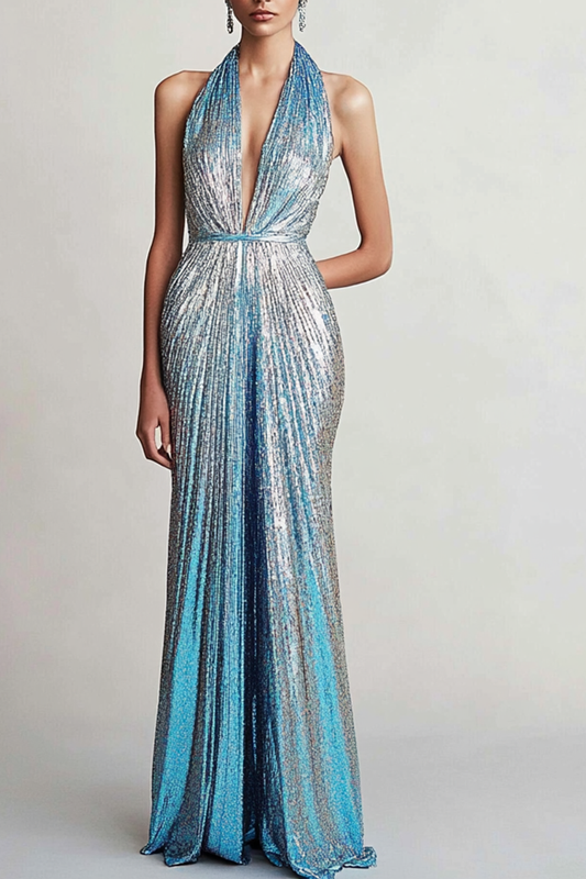 Evening Formal Dress Blue Sequin Halter Maxi Dress