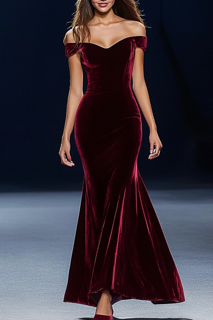 Evening Velvet Red Dress Off Shoulder Maxi Mermaid Dress