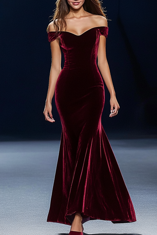 Evening Velvet Red Dress Off Shoulder Maxi Mermaid Dress